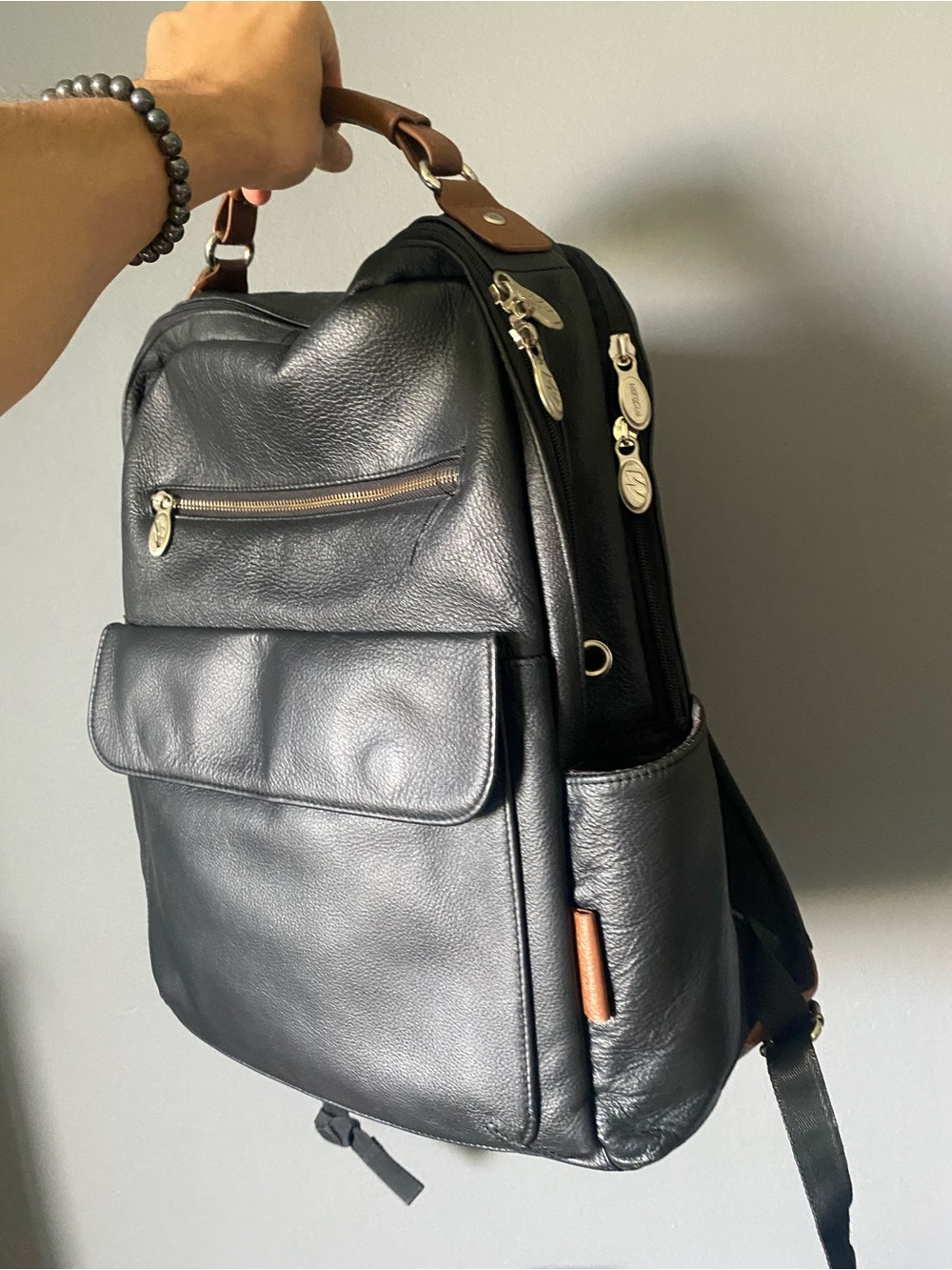 Men's Black Leather Backpack with Brown Top Handle